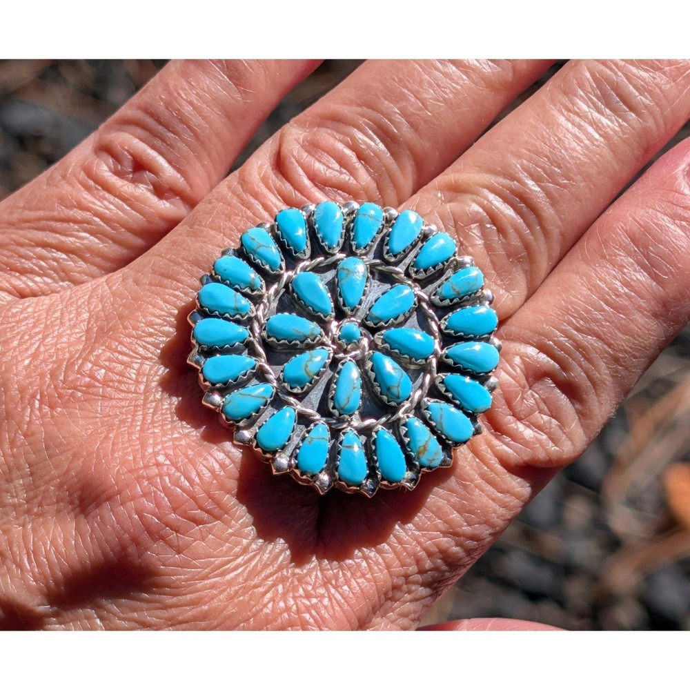 Navajo Cluster Turquoise Ring Sterling Silver OG Native Jewelry 9.5 ***